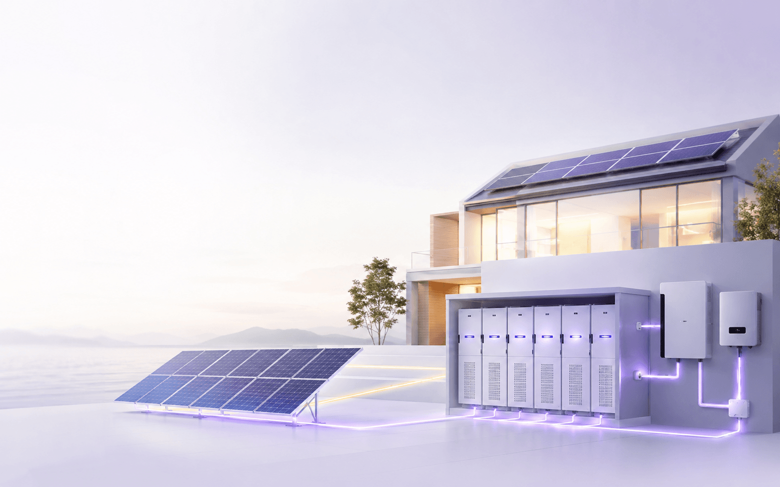 Sistema BESS con paneles solares y baterías integrados en una vivienda con conexiones energéticas