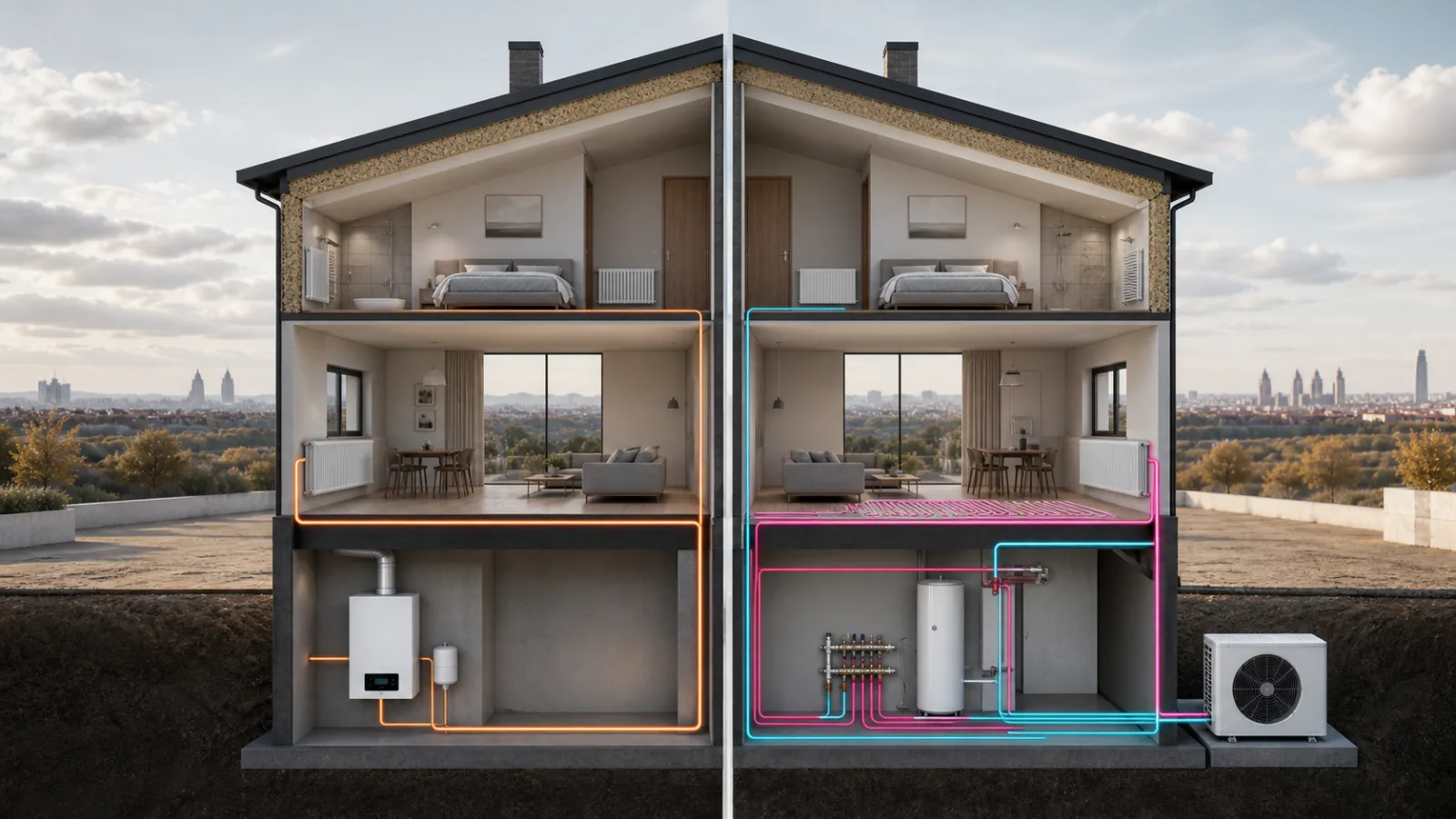 Comparación en sección de una vivienda con caldera de gas y sistema de aerotermia