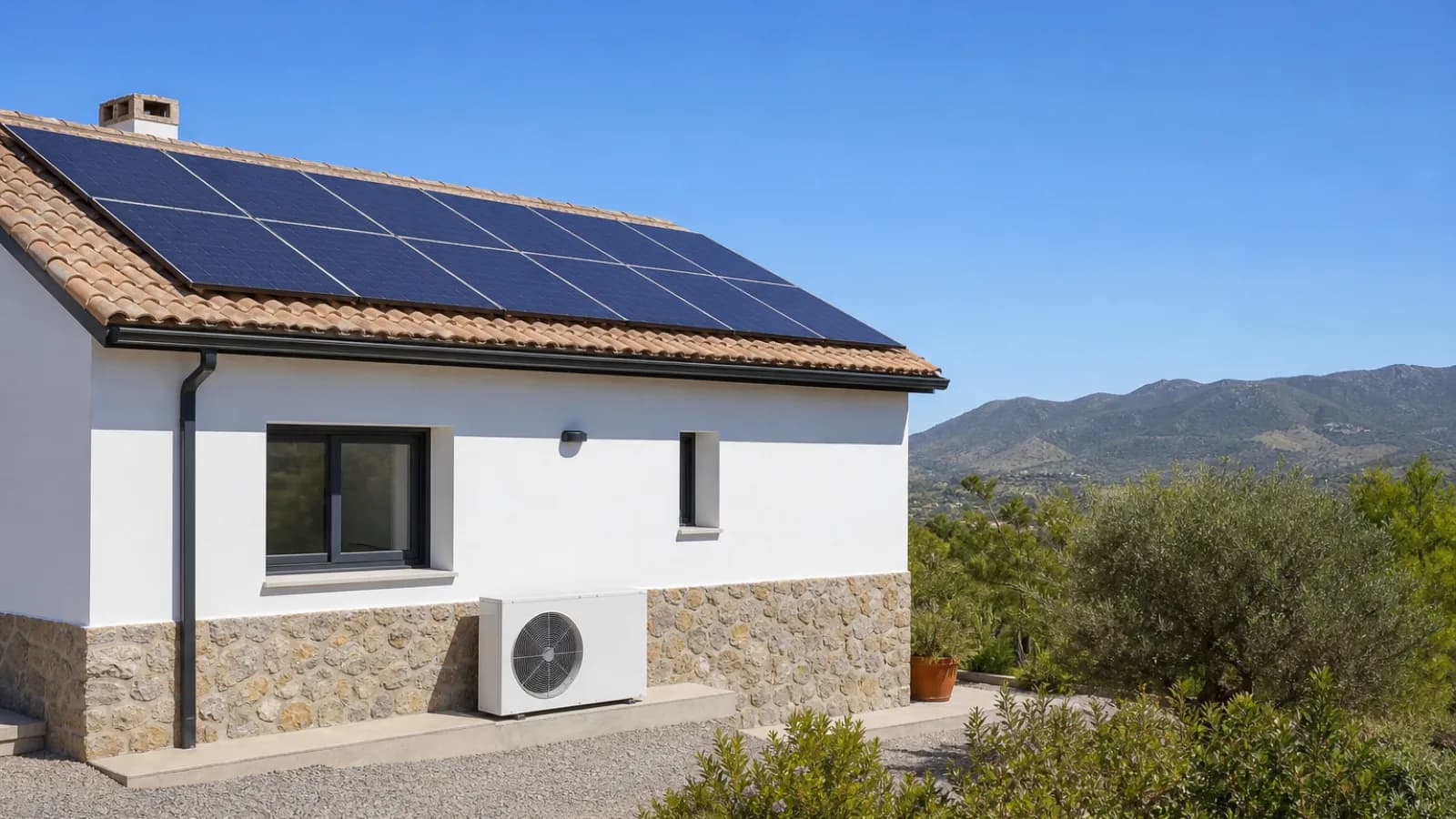 Vivienda unifamiliar con placas solares en la cubierta de teja y una unidad exterior de aerotermia instalada junto a la fachada