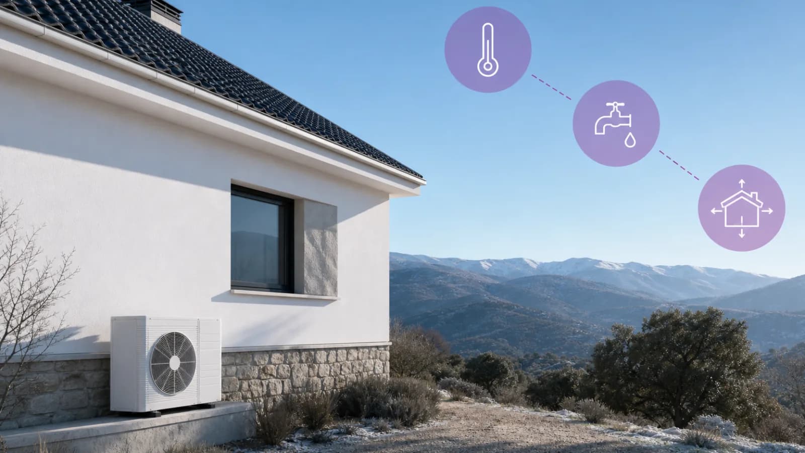 Vivienda con bomba de calor aerotérmica y símbolos de pérdidas de calor, termómetro exterior y agua caliente
