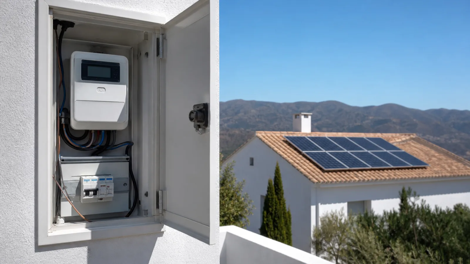 Armario abierto del contador eléctrico en la fachada de una vivienda con paneles solares en la cubierta