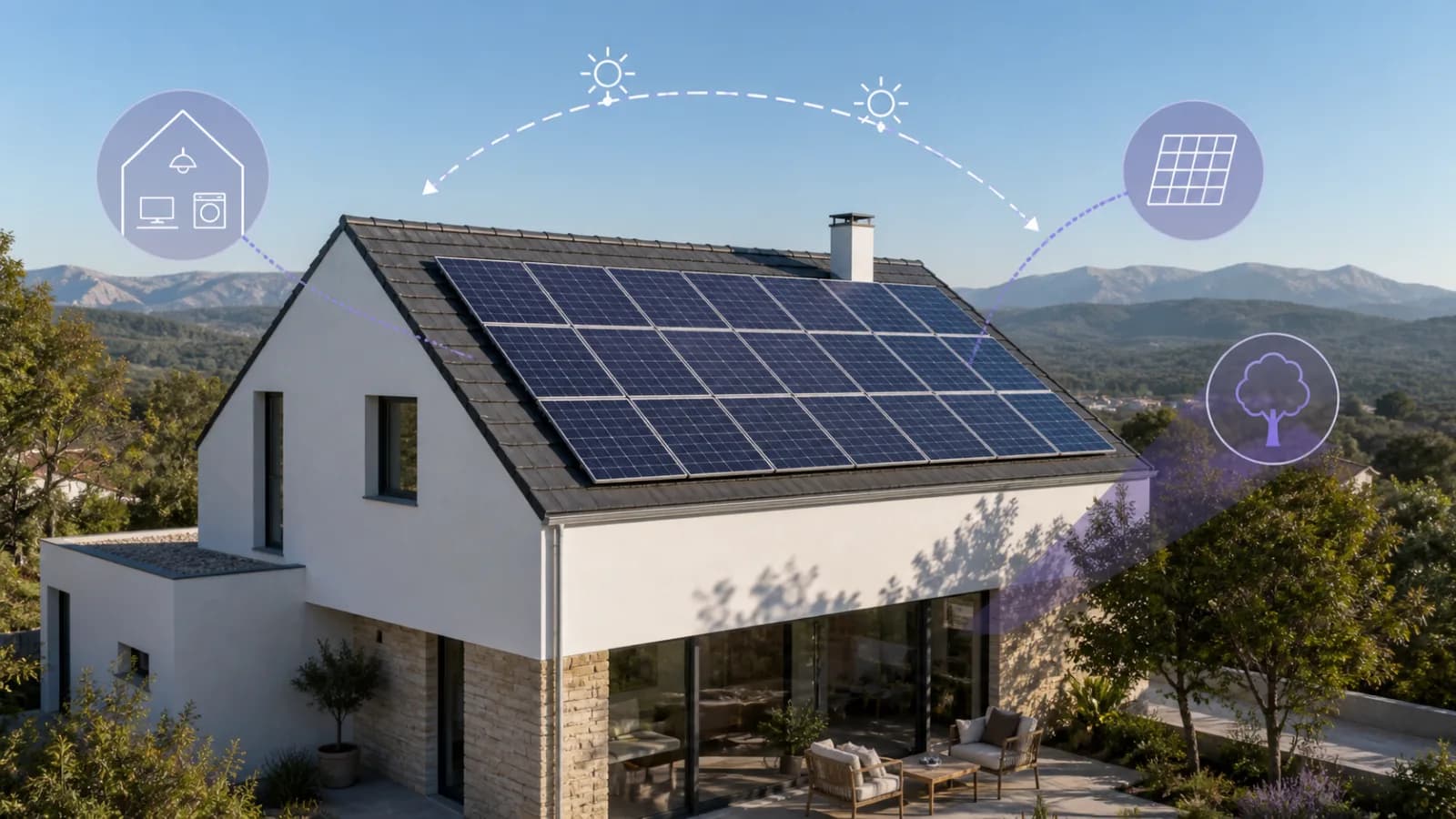 Vivienda unifamiliar con paneles fotovoltaicos y símbolos de consumo, recorrido solar y sombras