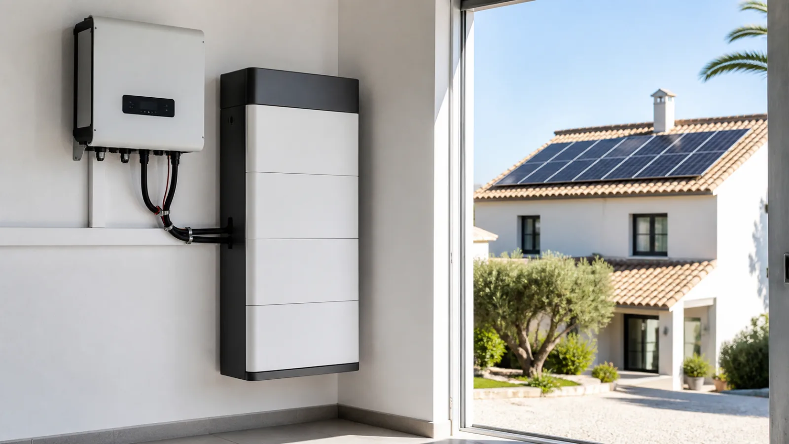 Batería doméstica e inversor junto a una vivienda con paneles solares