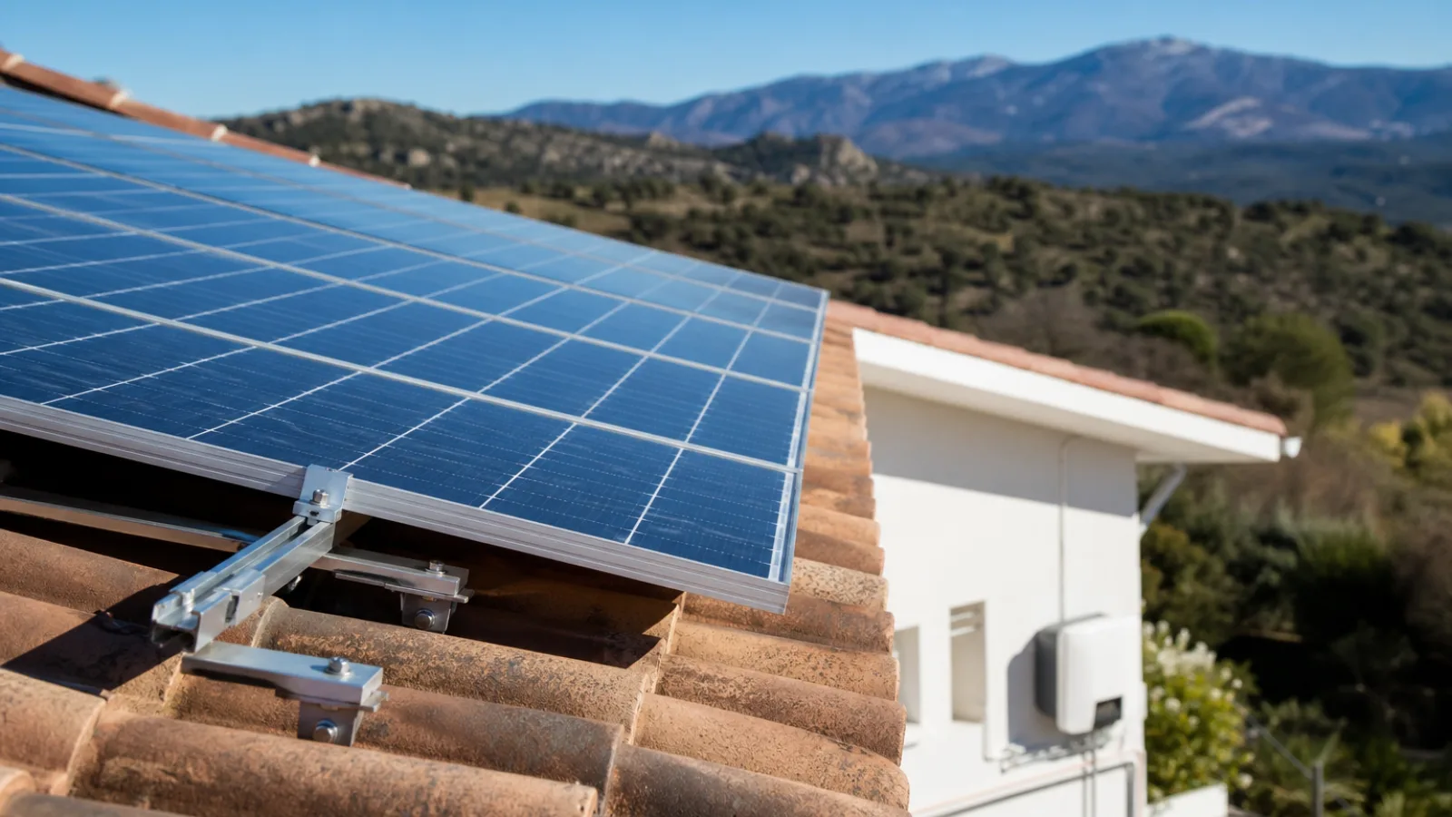 Paneles solares montados sobre raíles y grapas en una cubierta de teja, con el inversor en la fachada de la vivienda