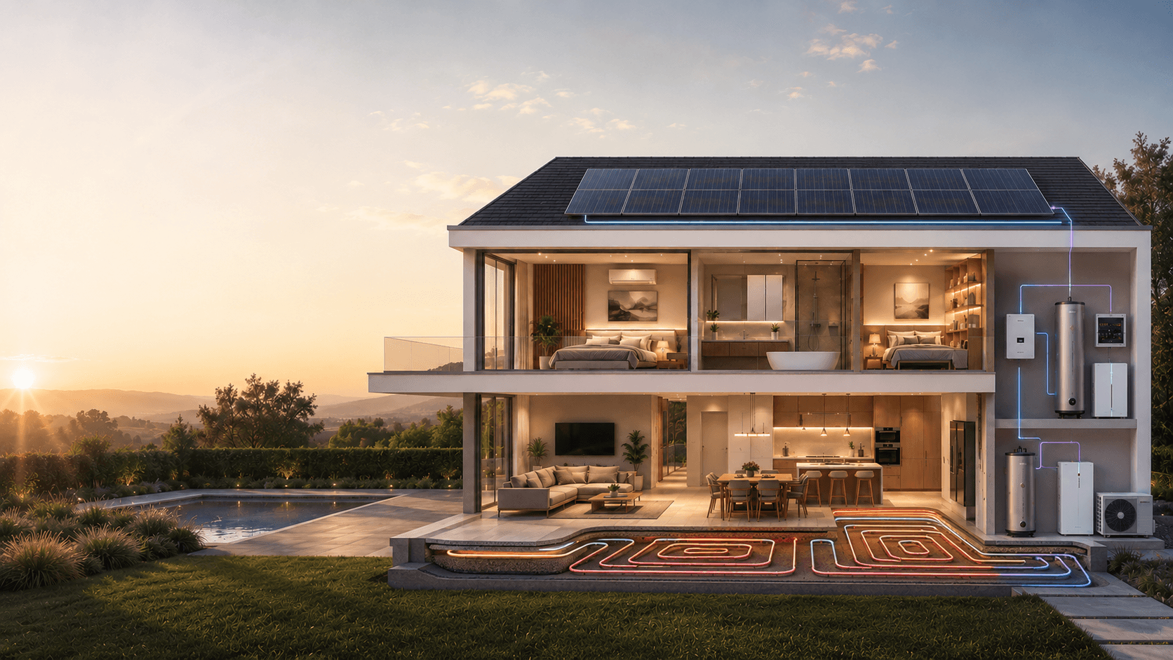 Vivienda moderna con placas solares y sistema energético integrado