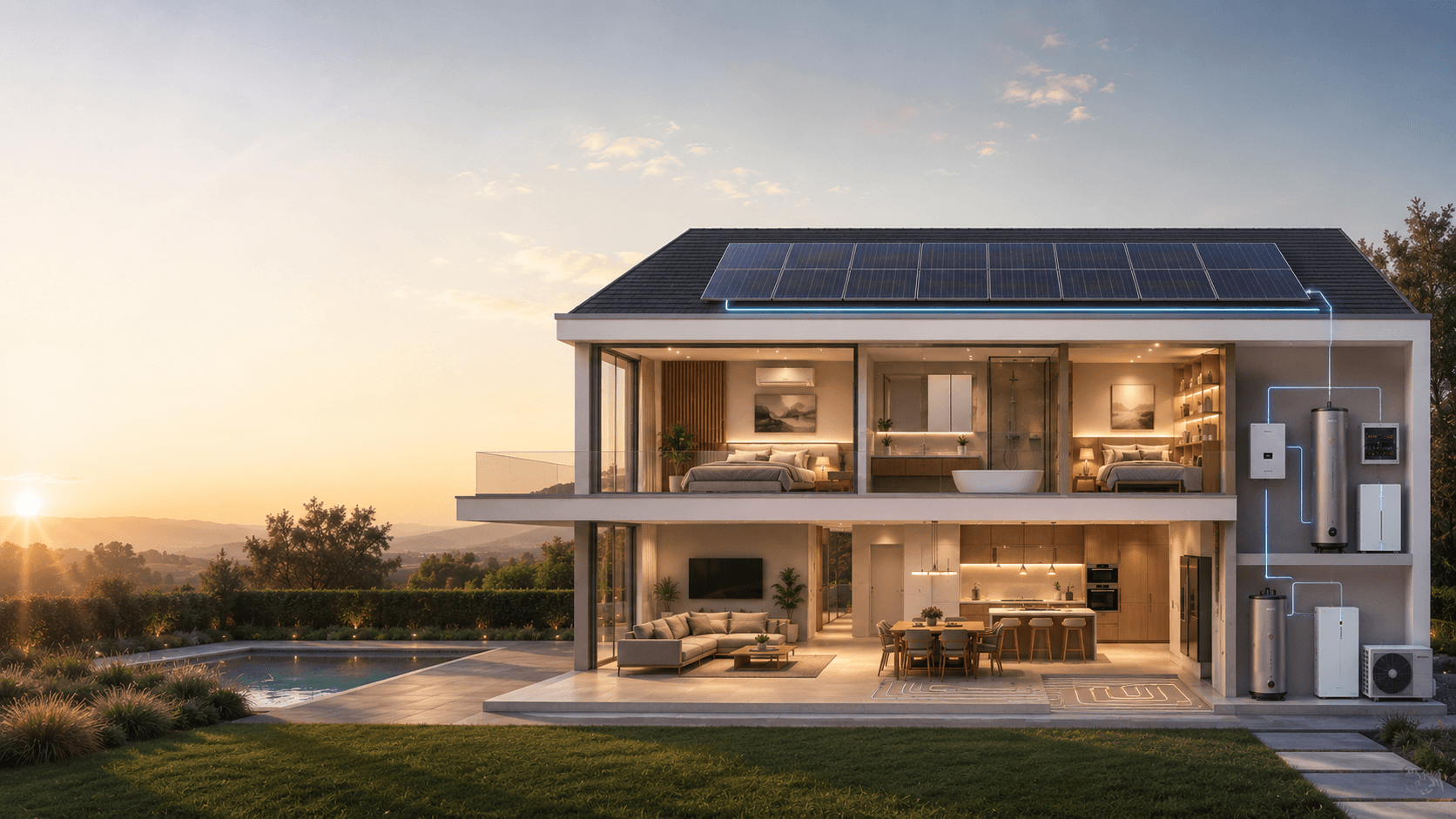 Vivienda moderna con placas solares y sistema energético integrado